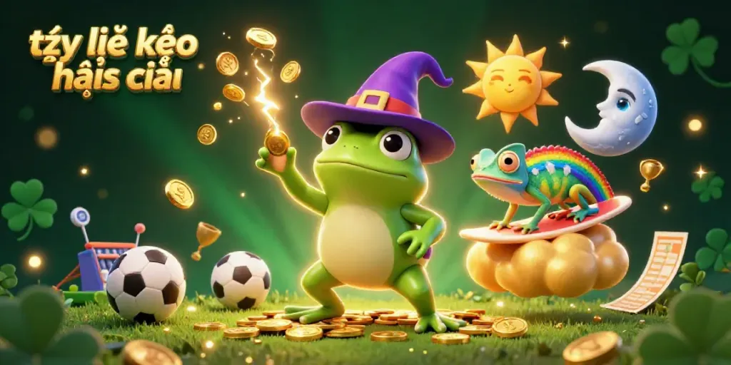 Experience the thrilling essence of tỷ lệ kèo nhà cái with a dynamic scene featuring a whimsical frog wizard stamping golden coins amidst vibrant sports betting elements.