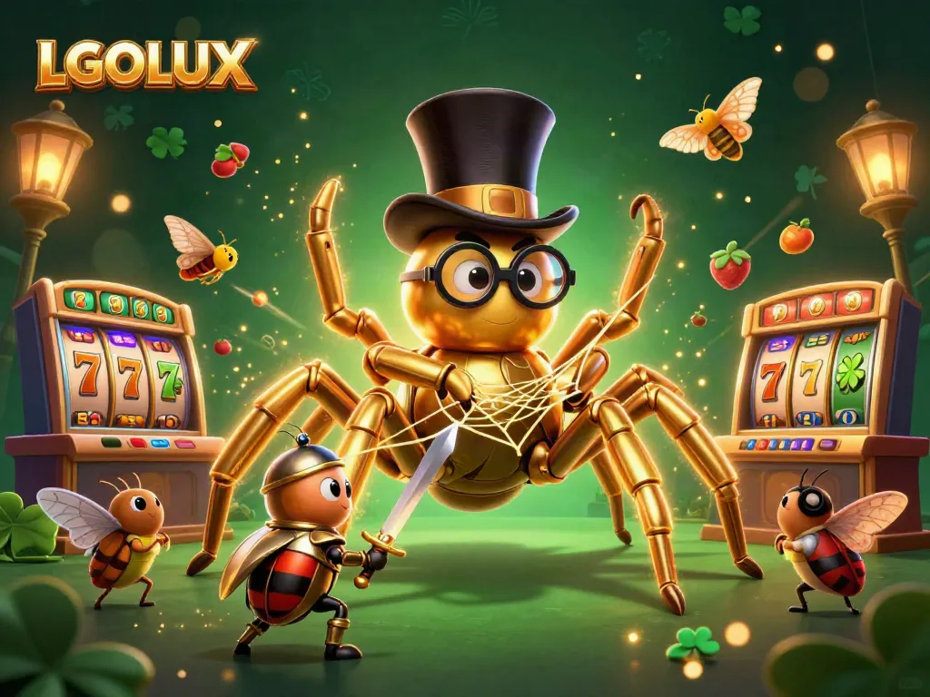 Experience winning spins with LGOLUX featuring a golden tarantula and vibrant slot elements.