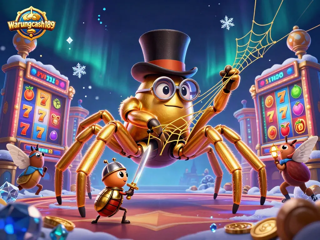 Engage with warungcash189 slots featuring a golden tarantula spinning a web among vibrant casino elements.