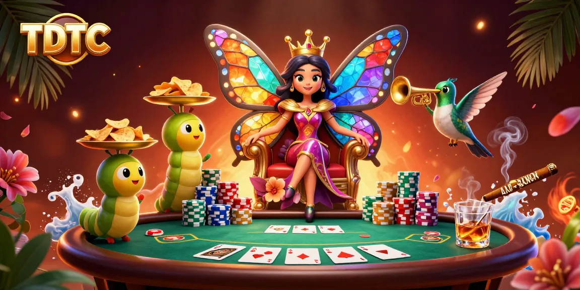 Engage in TDTC gaming with a vibrant scene of a butterfly queen and poker elements.