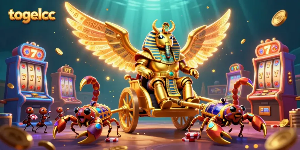 Experience excitement with togelcc in a stunning 3D illustration featuring a golden scarab and vibrant slot machines.