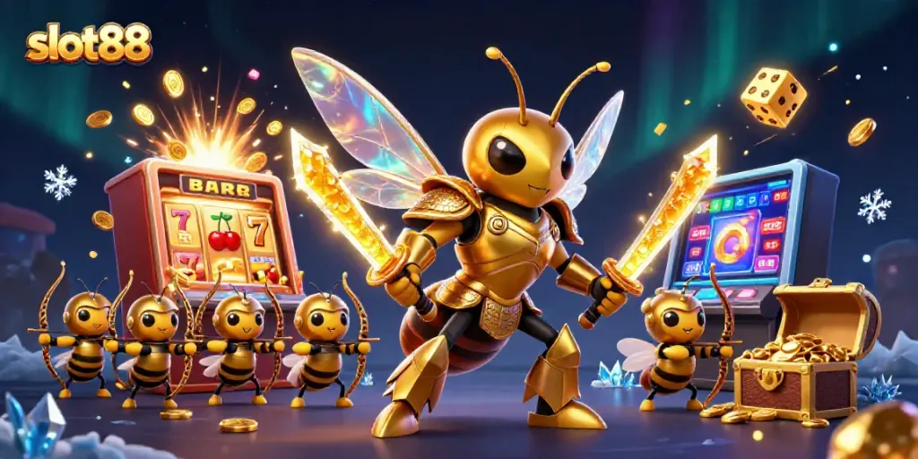 Menggairahkan putaran menarik di slot88 dengan gambar karakter 3D kartun dan mesin slot yang penuh koin.