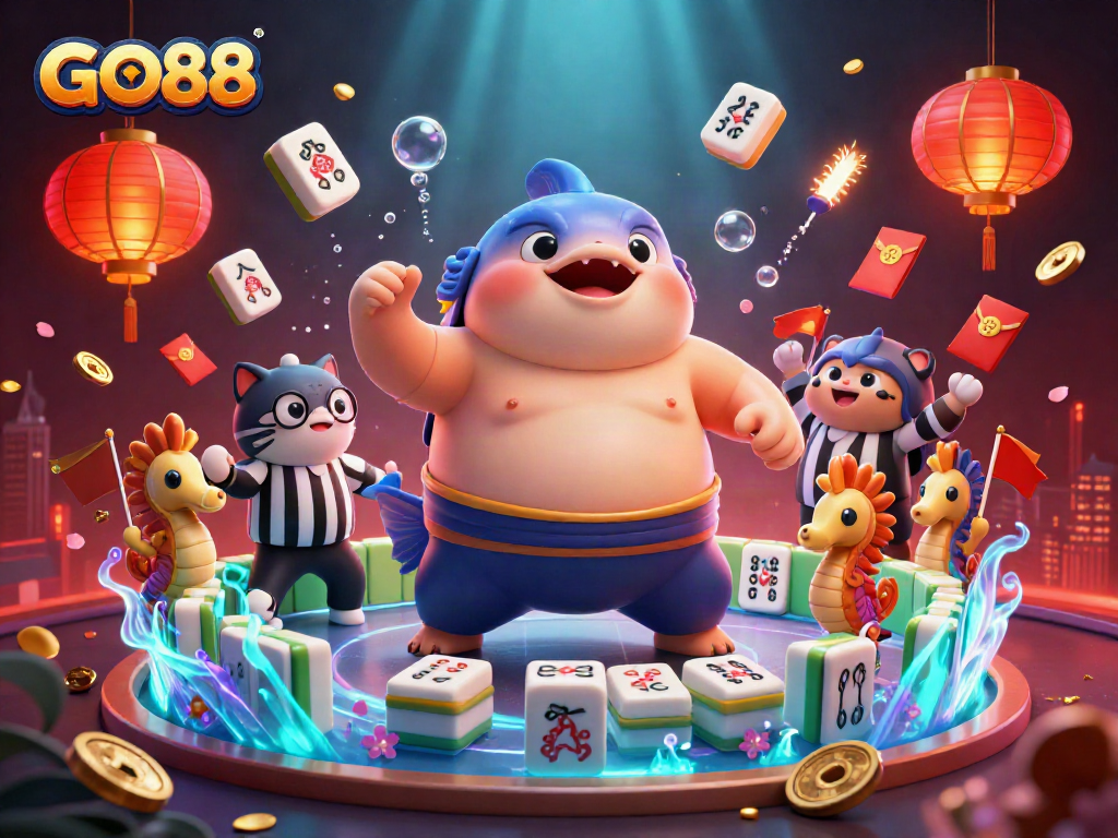 GO88 brings excitement to players with a vibrant underwater casino scene featuring a blowfish sumo wrestling.