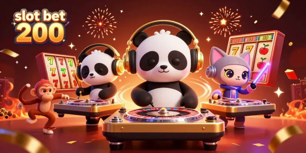 Spin to win with slot bet 200 showcasing a dynamic DJ panda, dancing monkey, and glowing kitten.