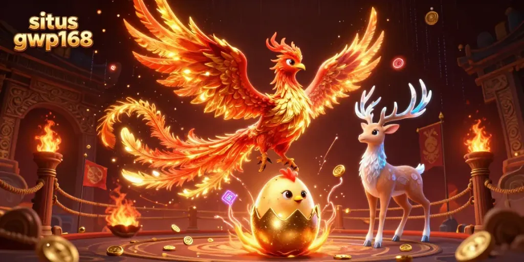 Permainan menarik di situs gwp168 dengan simbol mesin slot dan telur phoenix yang menetas.