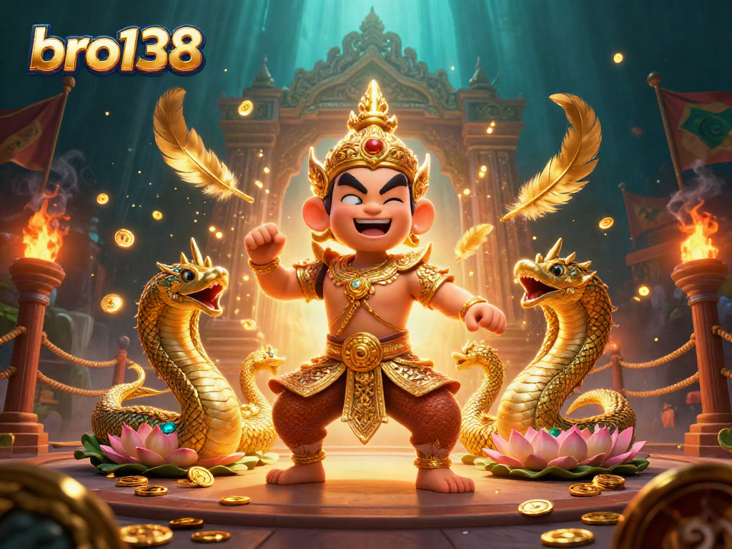 Experience bro138's thrilling adventure with the yaksha guardian and golden Naga serpents in this vibrant 3D casino illustration.