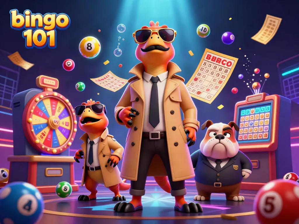Raih kemenangan dengan bingo 101 dalam ilustrasi 3D yang menampilkan raptor dan elemen bingo.
