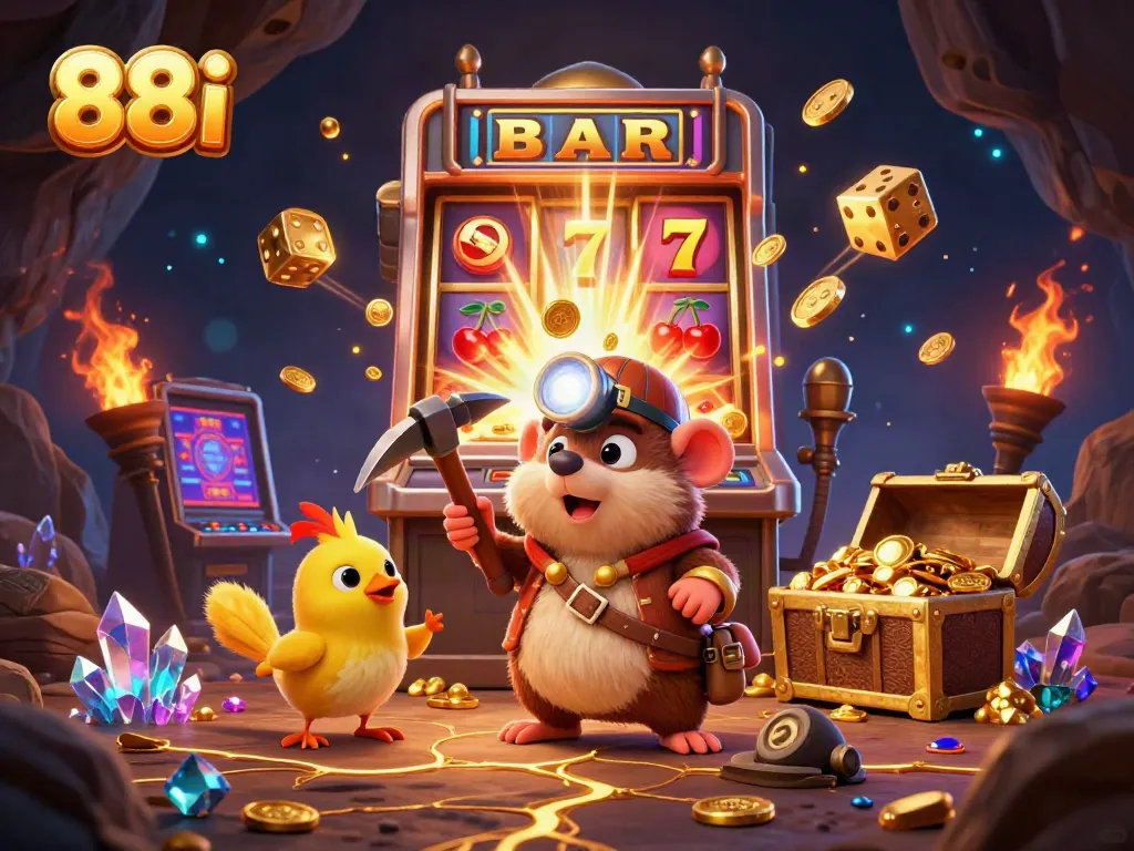 88i jackpot explosion scene with treasure hunter mole, slot machine, and vibrant casino elements.