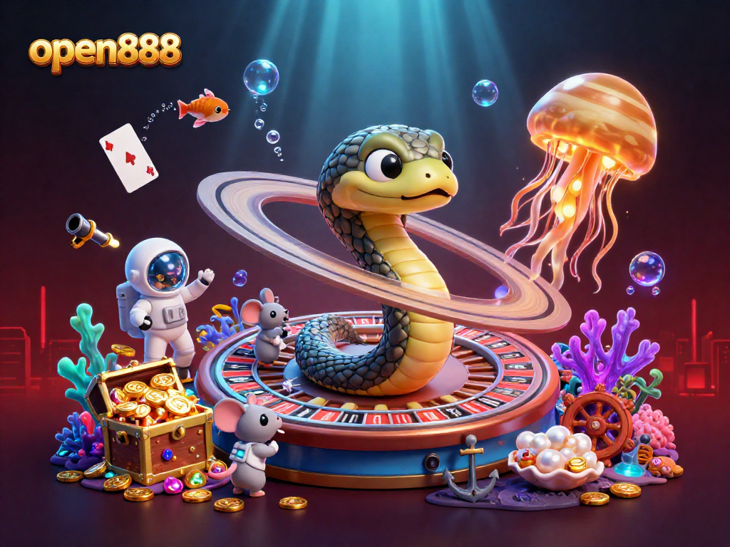 Engage with open888's thrilling cosmic casino, featuring a roulette planet and astronaut mice betting.