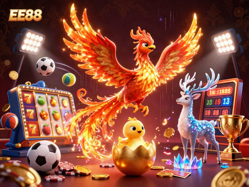 Engage with thrilling EE88 casino action with a vibrant scene full of iconic gaming elements and lively characters.