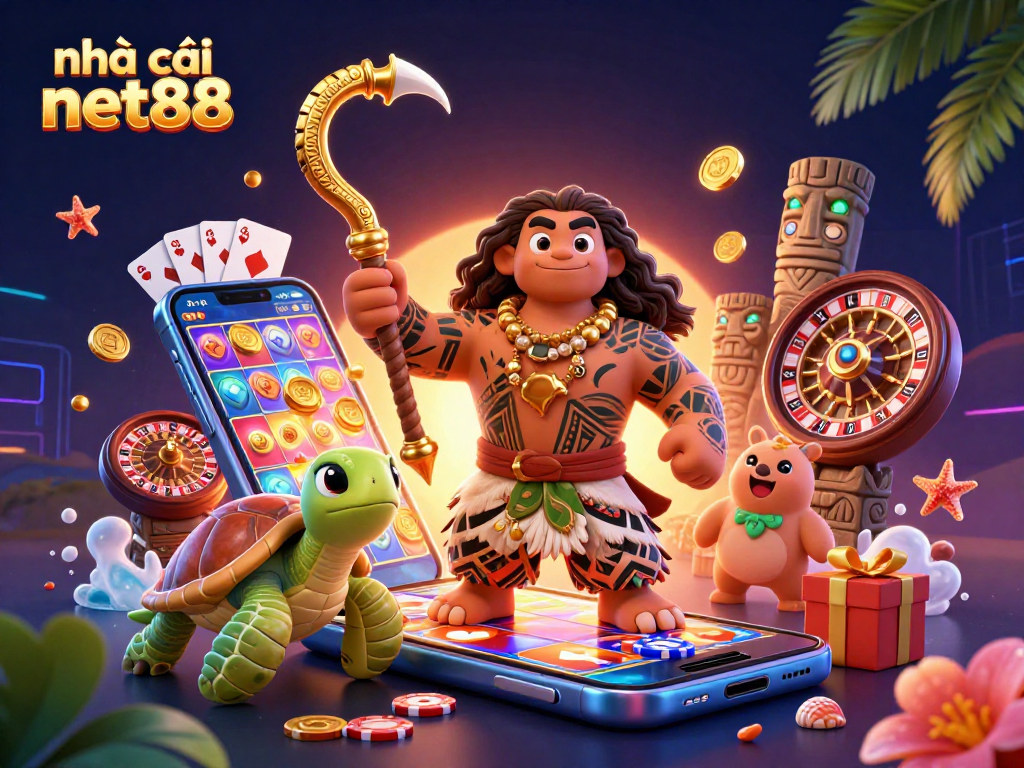 Engage with nhà cái net88 through this vibrant 3D casino illustration featuring thrilling game elements.