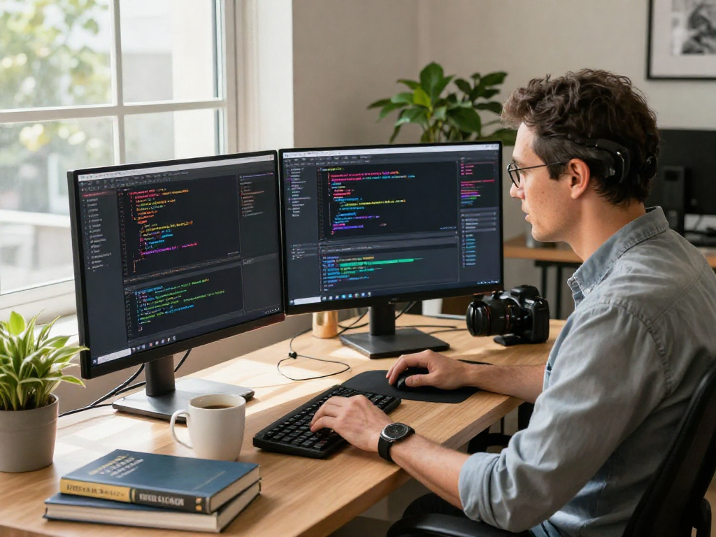 Pengembang perangkat lunak menggunakan wifi4d di ruang kerja modern dengan monitor ganda dan alat pemrograman.