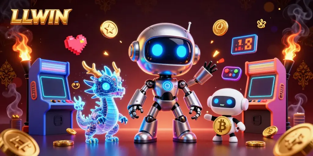 Engage with LLWIN's exciting gaming universe through a vibrant 3D illustration showcasing a futuristic robot mascot and gaming elements.