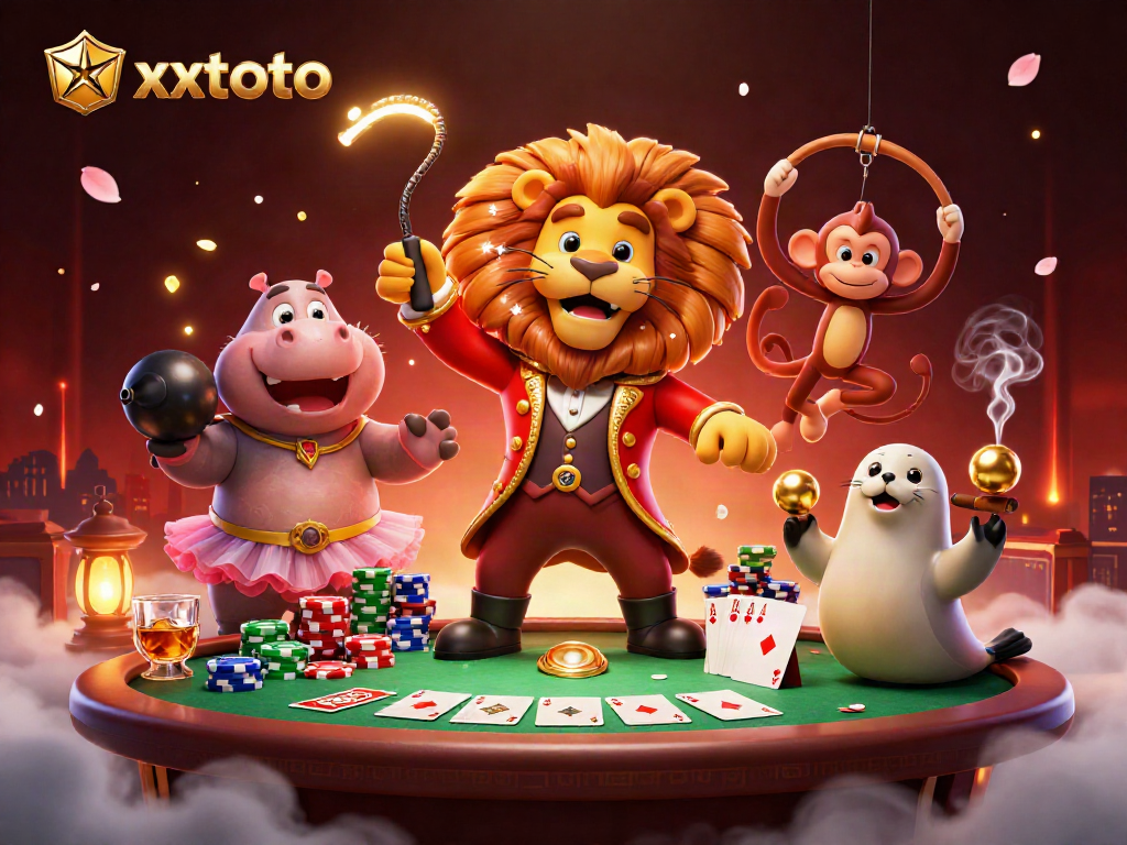 xxtoto merayakan permainan poker di kasino dengan singa, hippo, monyet, dan anjing laut