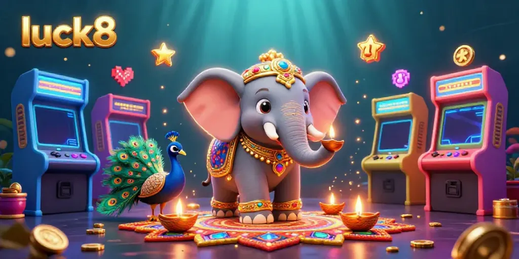 Win big with Luck8's vibrant gaming scene featuring colorful characters and casino elements.
