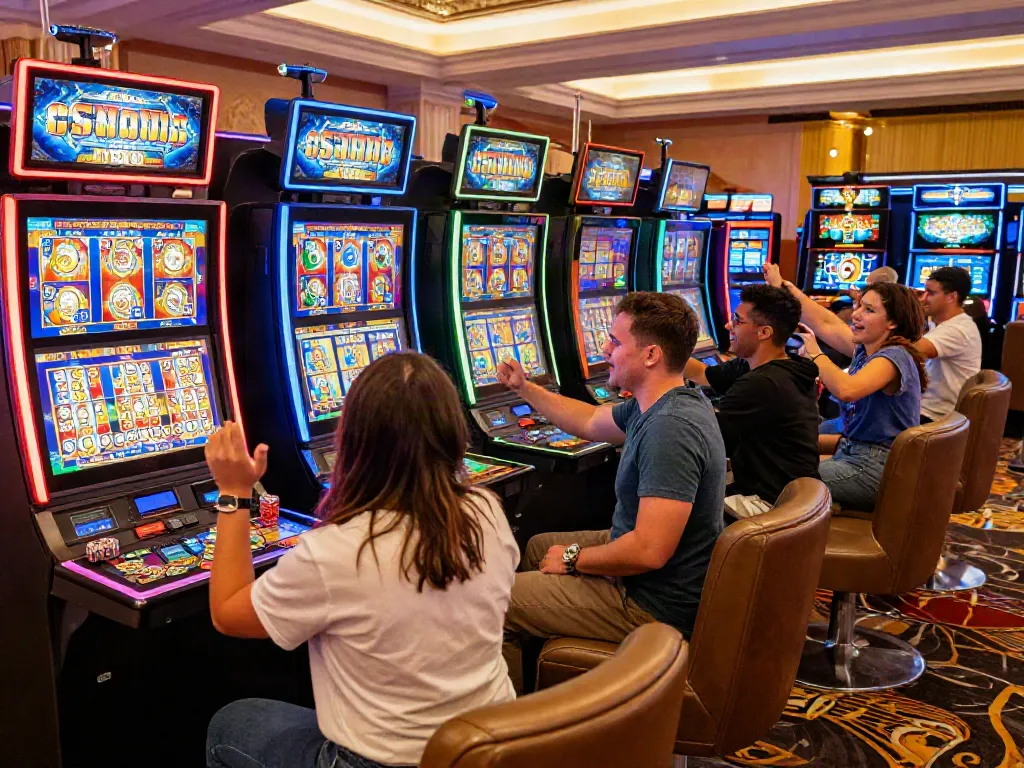 Luxury12 gaming atmosphere with players celebrating wins at high-tech slot machines.