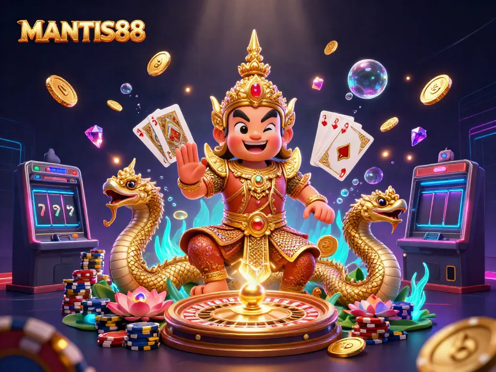 MANTIS88 offers an exciting casino experience featuring a Thai guardian, Naga serpents, and vibrant gaming elements.