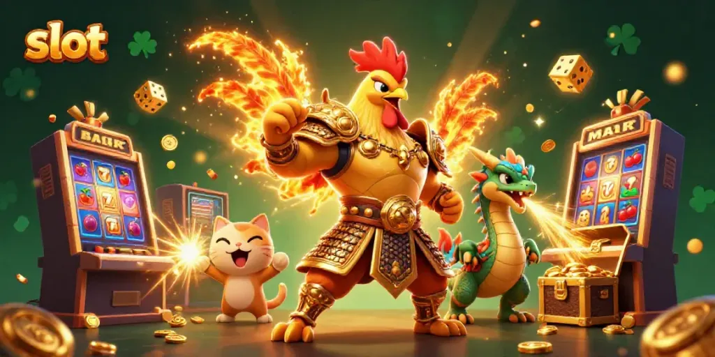 Experience the thrill of slot machines with a warrior, dragon, and luck in this vibrant scene.