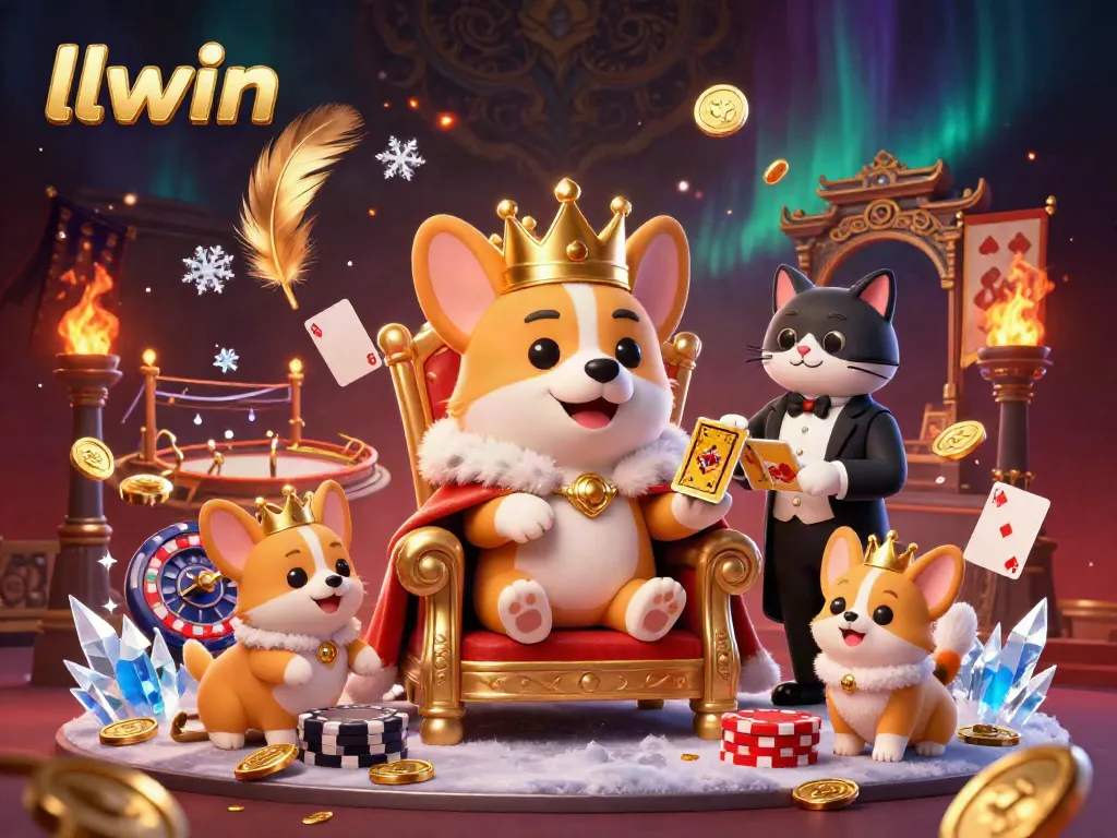 Experience the excitement of llwin with a regal corgi and dynamic casino elements in this vibrant illustration.