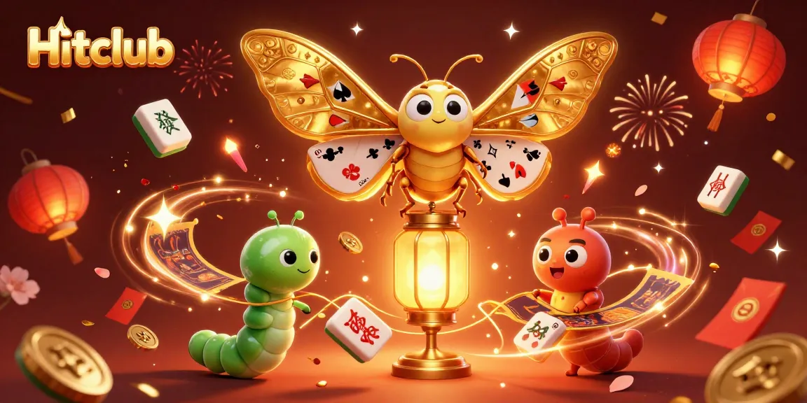 Hitclub presents a vibrant 3D casino scene with a golden-winged moth amid festive decorations.