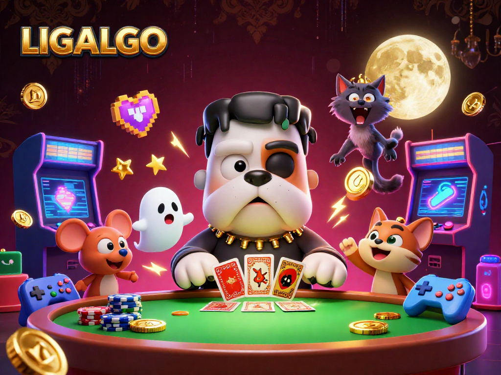 LIGALGO showcases an engaging scene with a Frankenstein bulldog and werewolf kitten at a casino table among vibrant gaming elements.