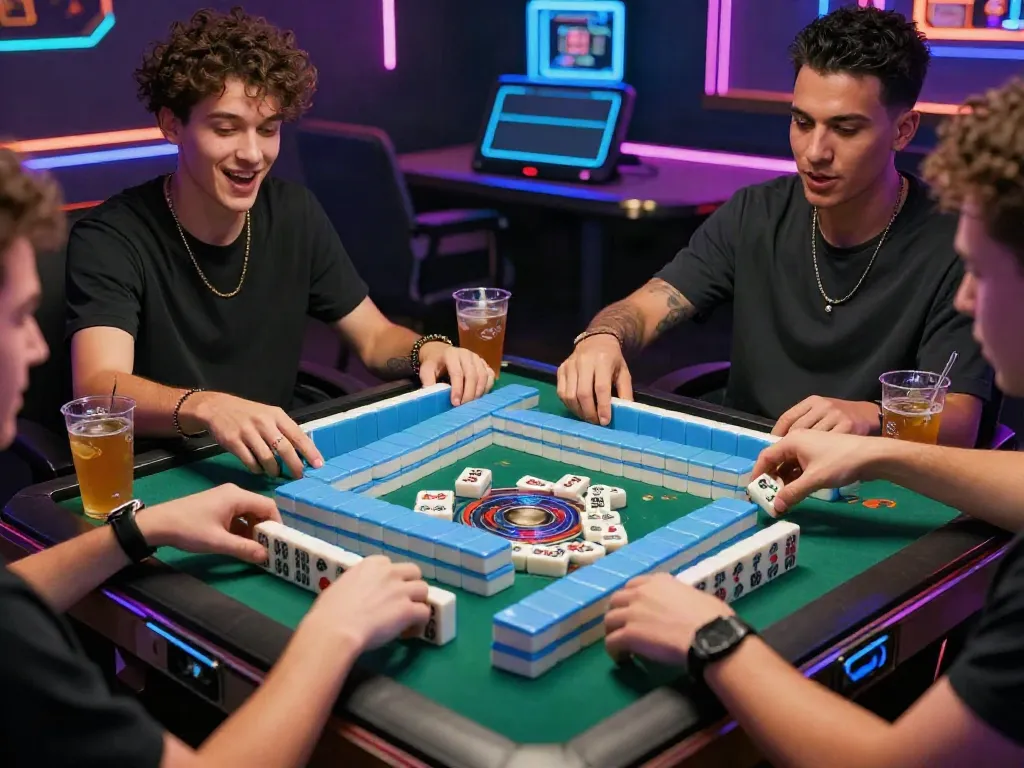 Pemain game Mahjong di MESINMPO dengan suasana kasino yang meriah dan aksesori permainan yang menarik.