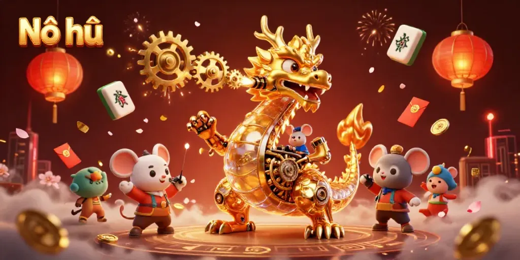 Engage with Nổ hũ’s dynamic world featuring a golden dragon and intricate casino elements.
