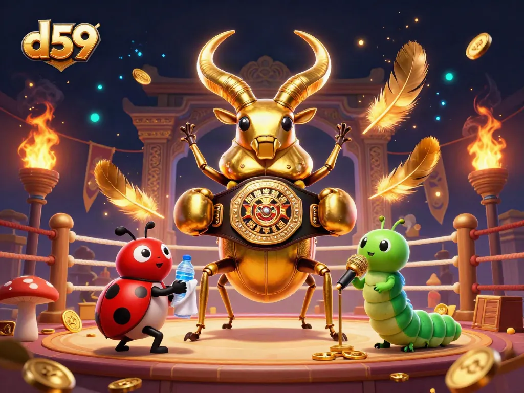 d59 enhances gaming excitement as a golden stag beetle faces off in a dramatic casino scene.