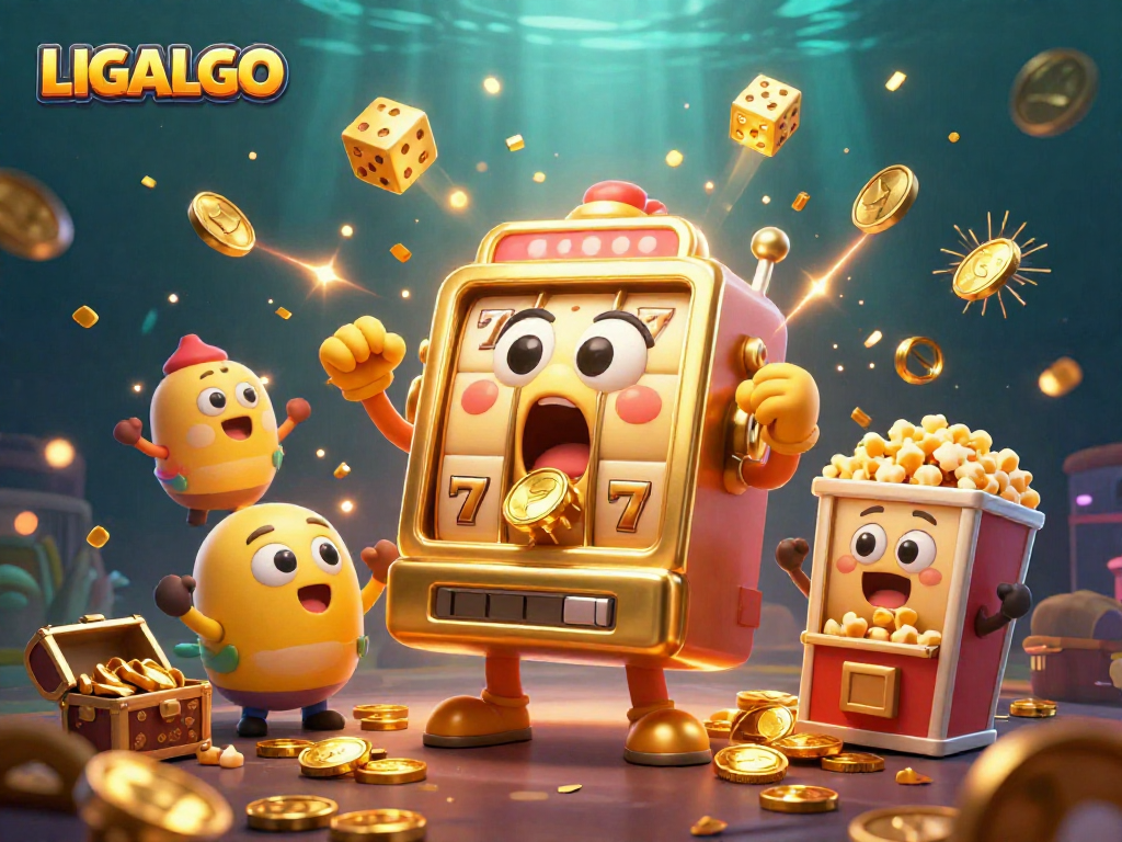 LIGALGO triggers a jackpot explosion with golden coins, baby slot machines cheer, and colorful confetti flies