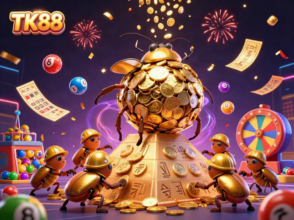 Engage in exhilarating gameplay at TK88 with colorful lottery balls, a vibrant prize wheel, and a stunning golden beetle scene.