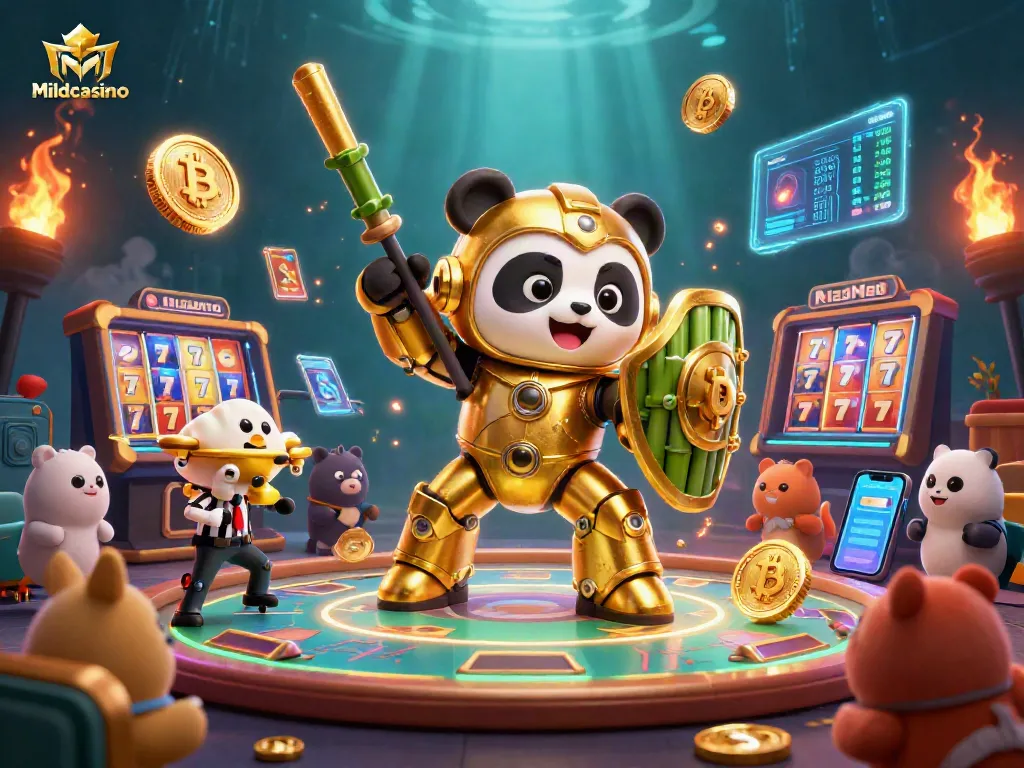 Mildcasino showcases an exciting 3D illustration of a golden panda in a mech-suit engaging with crypto elements, embodying thrilling gaming.