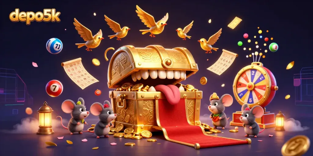 Experience the rich allure of depo5k as adventurous mice pursue jackpot treasures amidst vibrant casino elements.