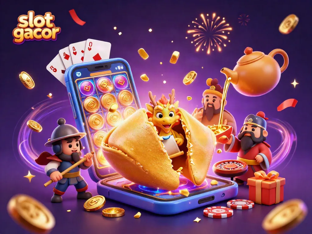 Experience slot gacor excitement with a golden fortune cookie scene filled with vibrant gaming elements.