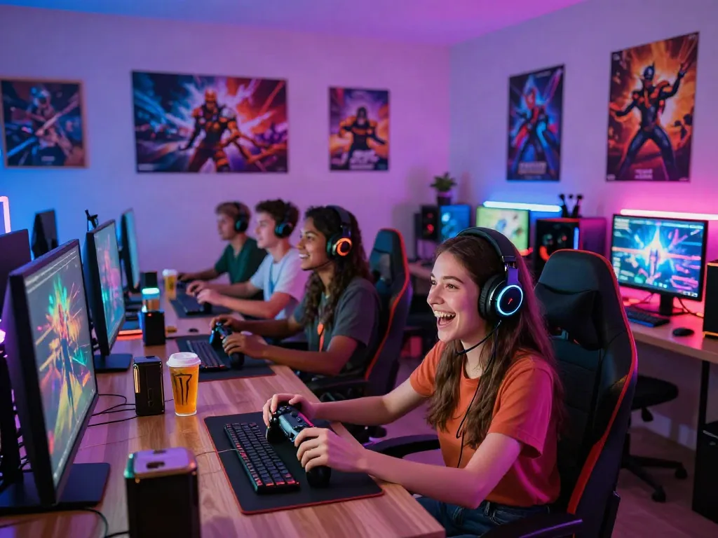 Pengalaman bermain game online di Nyonya4D dengan gamer yang ceria berinteraksi dalam suasana modern.