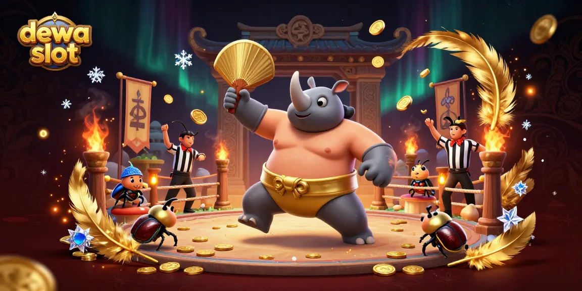 Spin the reels with the dewa slot as the playful beetles celebrate wins amidst flying coins.