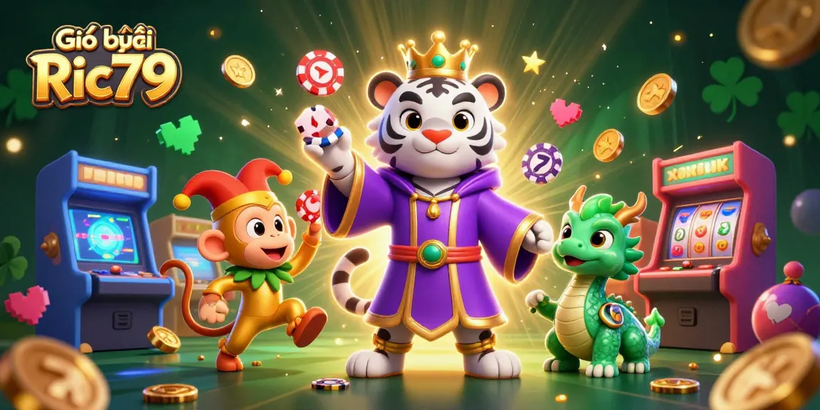 Playful 3D characters illustrate Giới thiệu Ric79 within a vibrant casino scene, showcasing vibrant slots and poker action.