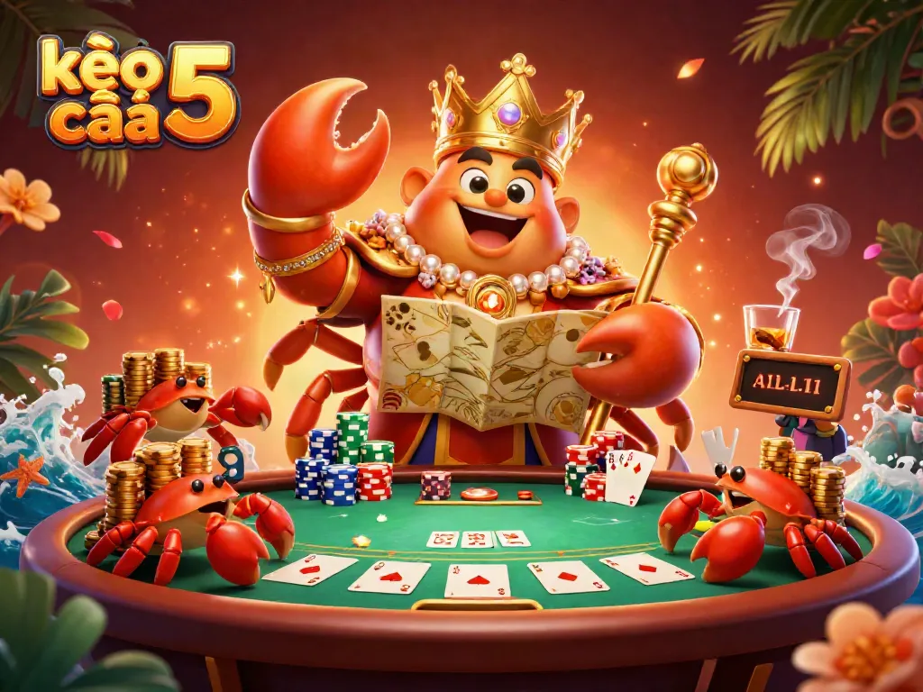Engage with kèo nhà cái 5 featuring an extravagant golden crab emperor in a vibrant casino setting.