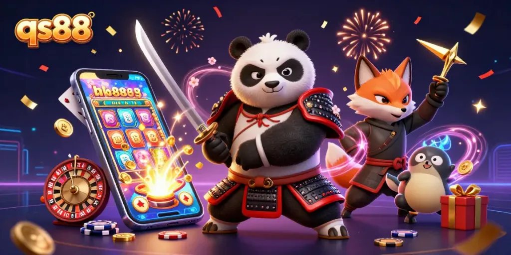 Engage with qs88's thrilling gaming experience featuring samurai panda and ninja fox in vibrant casino scene.