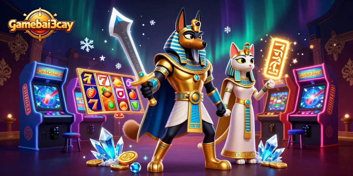 Experience the excitement of gamebai3cay with Anubis and Bastet amidst vibrant slot reels.