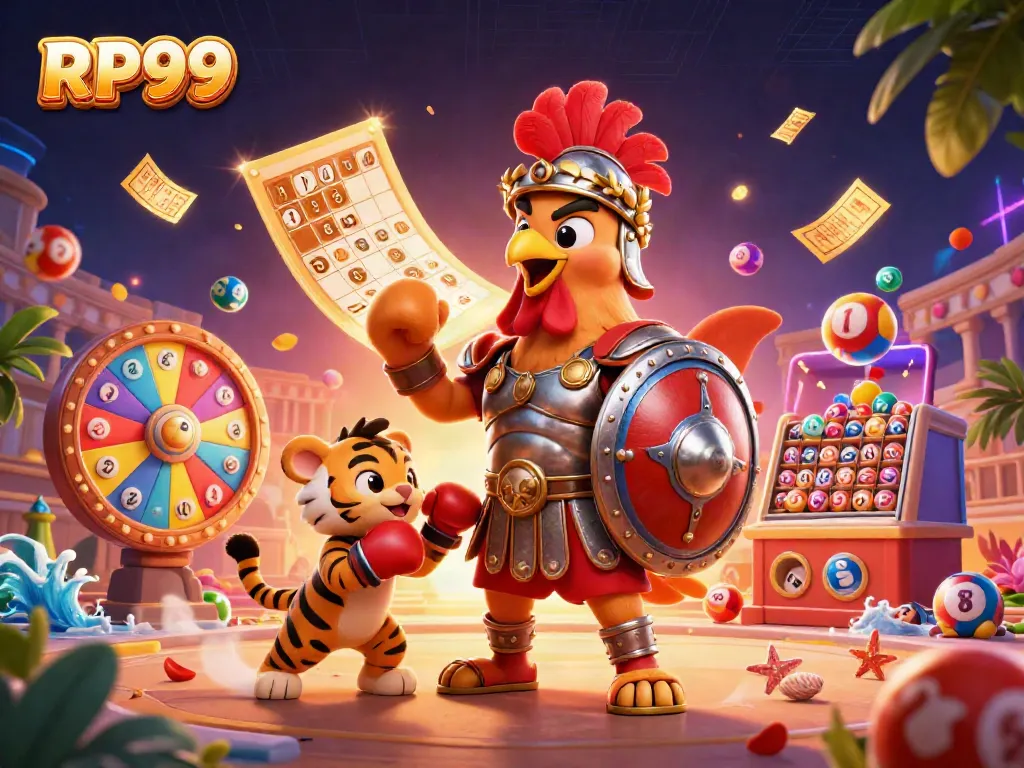 Experience exciting gameplay with RP99 in this vibrant casino-themed illustration featuring a gladiator rooster and tiger cub.