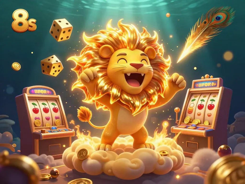 Experience the excitement of 8s with a roaring sun lion, golden dice, and dynamic casino elements.