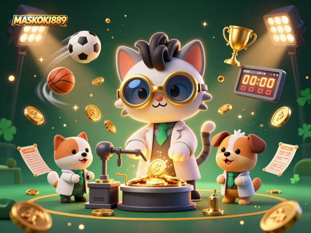 Engage in thrilling gameplay with MASKOKI889 as a mad scientist cat and assistant explore winning sports bets.