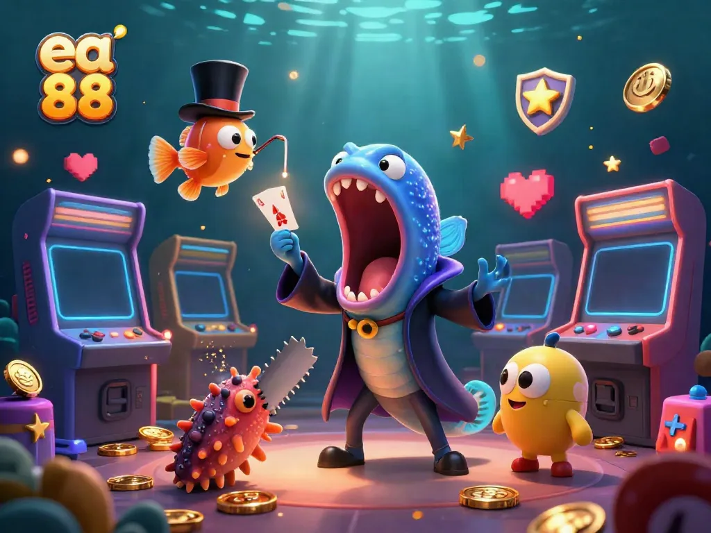 Experience thrilling moments with ea 88 as a bioluminescent eel showcases card tricks in a vibrant casino scene.