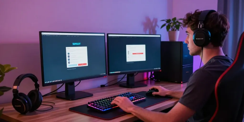 Gamer accessing sgpslot link login in a cozy home office setting.
