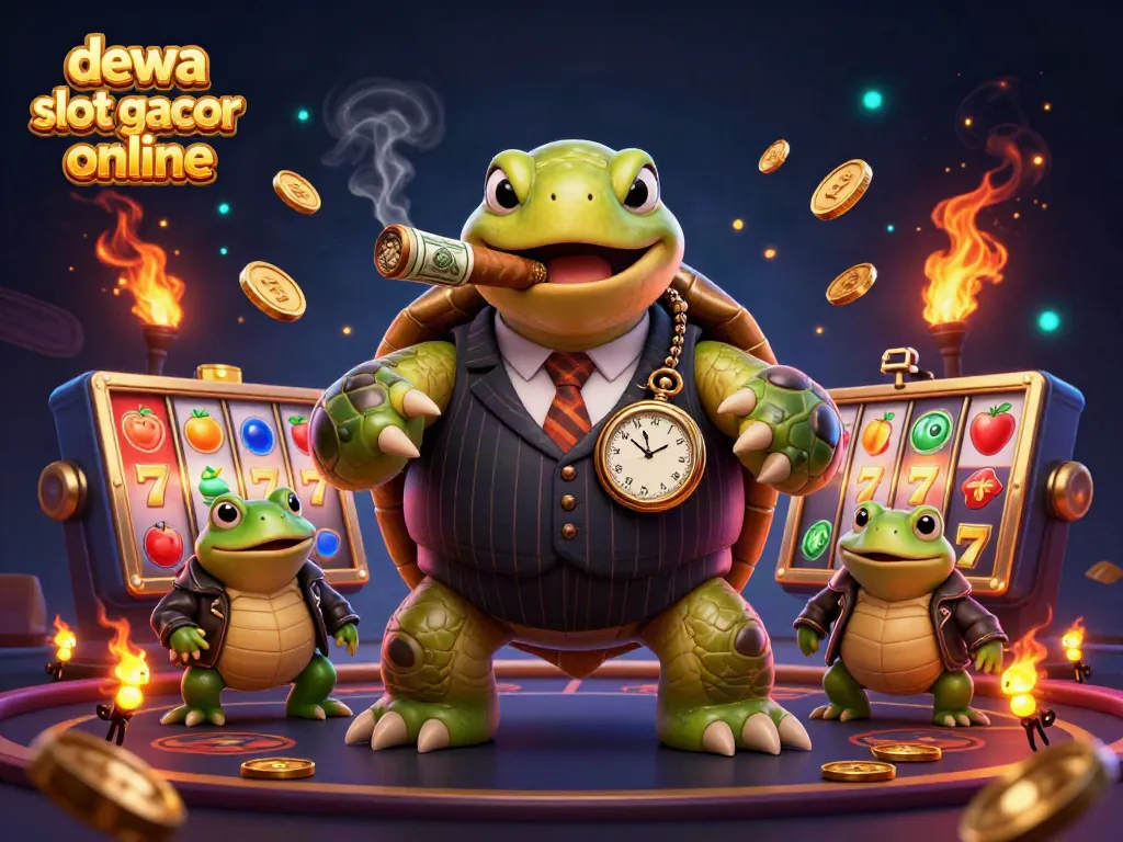 Menangkan permainan slot gacor online di dewa slot gacor, ilustrasi karakter menarik dengan elemen kasino.