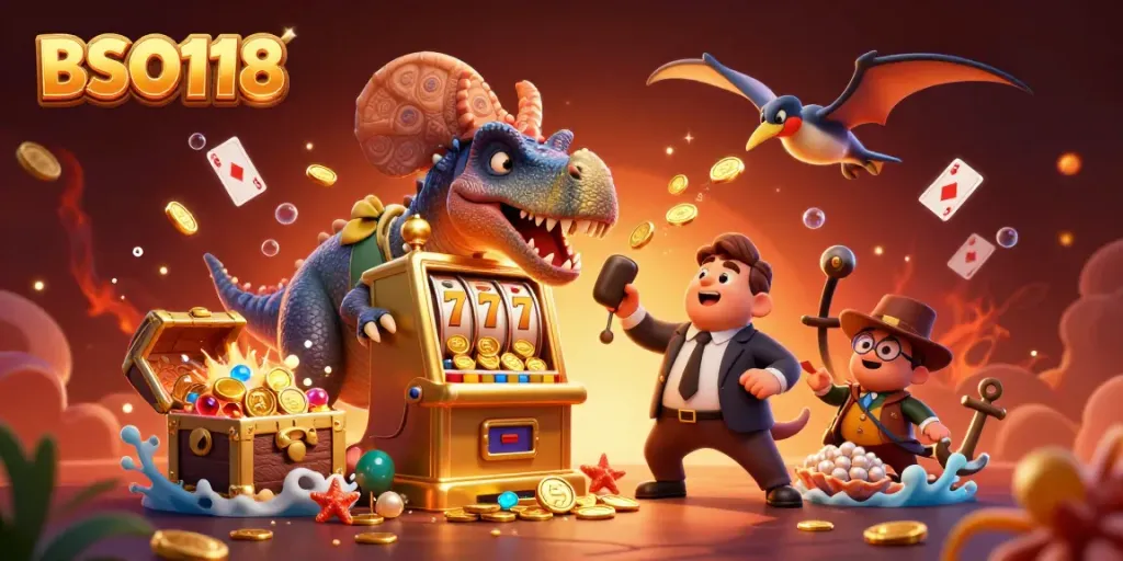 Experience thrilling jackpots with BSO118 in a colorful, vibrant casino scene.