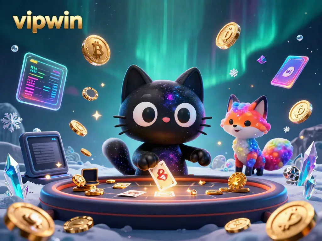 Engage with vipwin at a vibrant cosmic casino scene featuring captivating 3D characters and digital currencies.