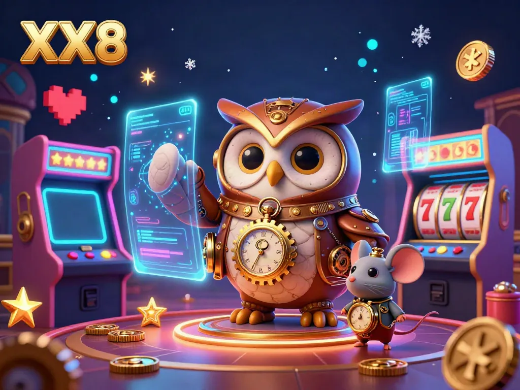 Experience the magic of XX8 with a steampunk owl and engaging casino games.