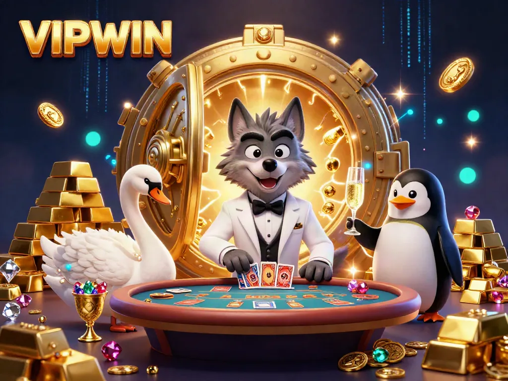 Engage with VIPWIN's vibrant casino scene featuring a debonair wolf, an elegant swan dealer, and a sophisticated penguin, surrounded by gold.