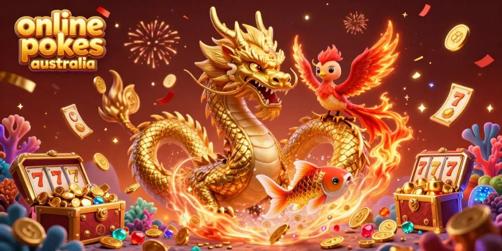 Experience the thrill of online pokies Australia with a powerful dragon and phoenix amidst slot reels and treasure.